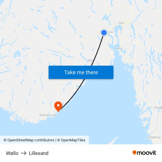 Wøllo to Lillesand map