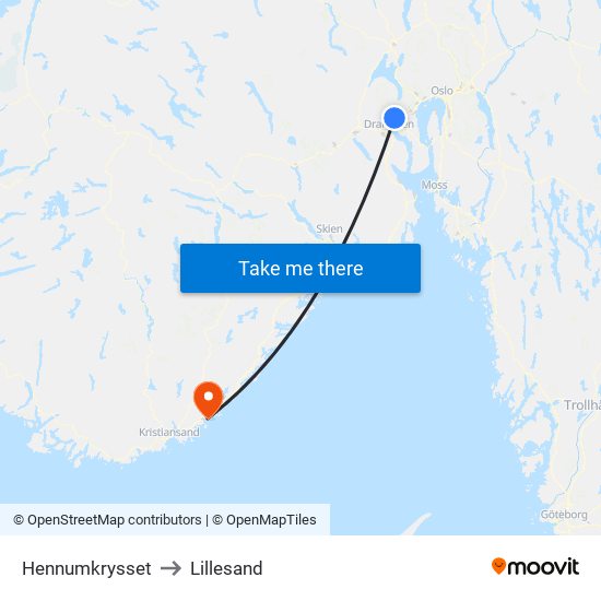 Hennumkrysset to Lillesand map