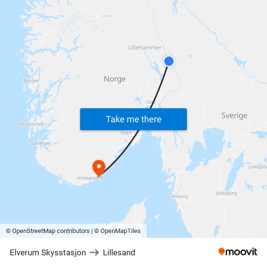 Elverum Skysstasjon to Lillesand map