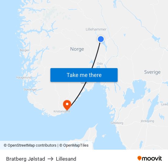 Bratberg Jølstad to Lillesand map
