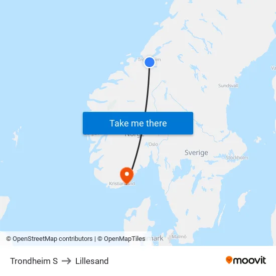 Trondheim S to Lillesand map