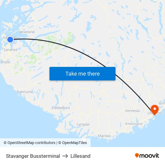 Stavanger Bussterminal to Lillesand map
