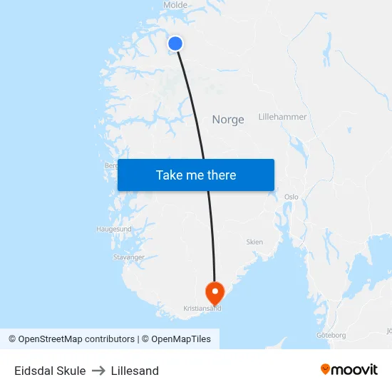 Eidsdal Skule to Lillesand map