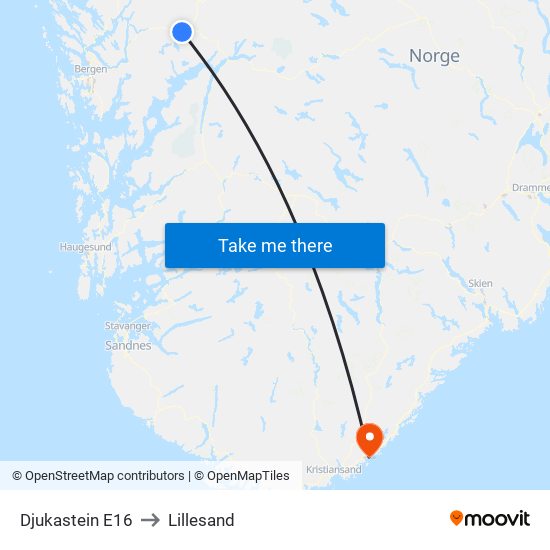 Djukastein E16 to Lillesand map