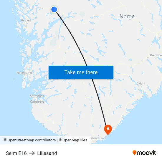 Seim E16 to Lillesand map