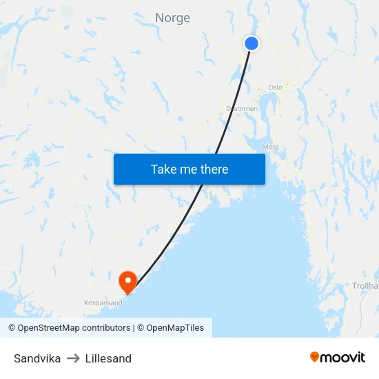 Sandvika to Lillesand map