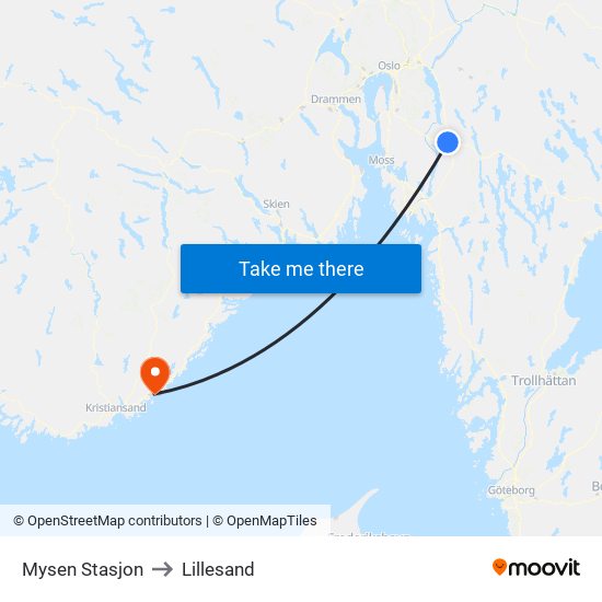 Mysen Stasjon to Lillesand map