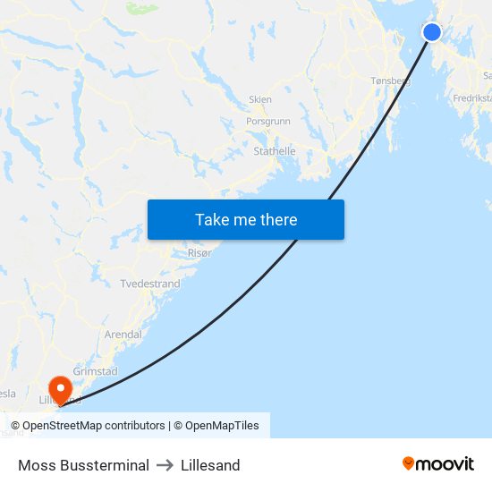 Moss Bussterminal to Lillesand map