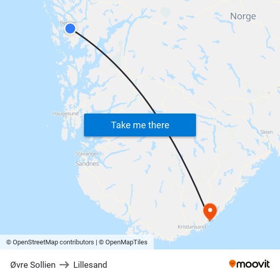 Øvre Sollien to Lillesand map