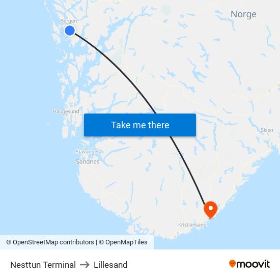 Nesttun Terminal to Lillesand map