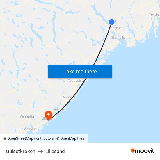 Gulsetkroken to Lillesand map