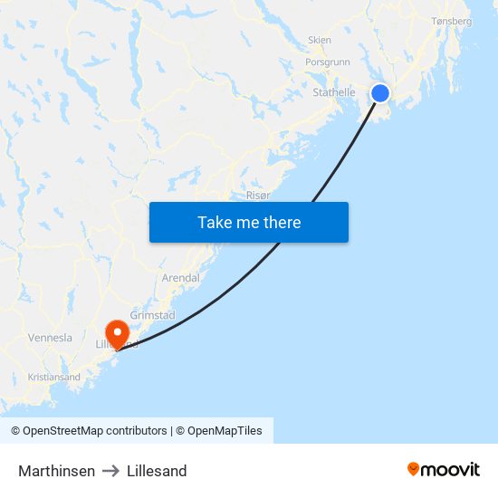 Marthinsen to Lillesand map