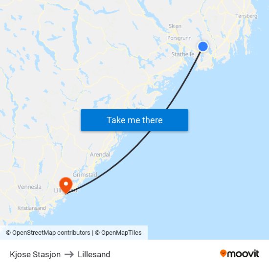 Kjose Stasjon to Lillesand map
