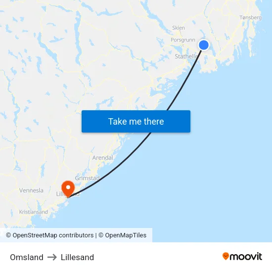 Omsland to Lillesand map