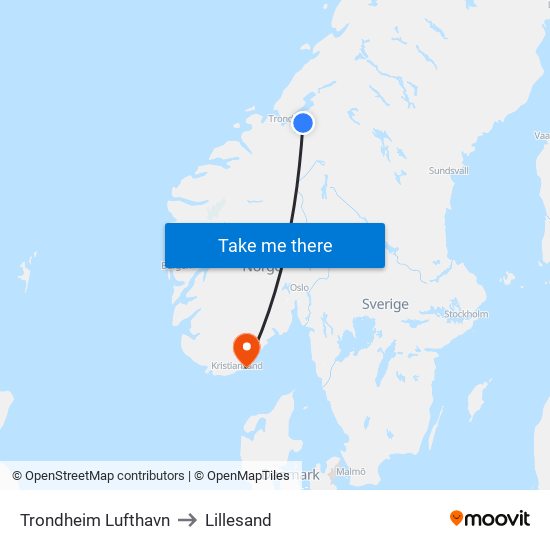 Trondheim Lufthavn to Lillesand map