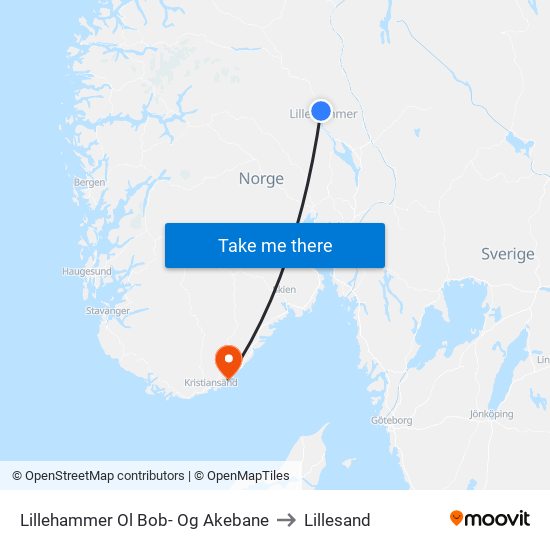 Lillehammer Ol Bob- Og Akebane to Lillesand map