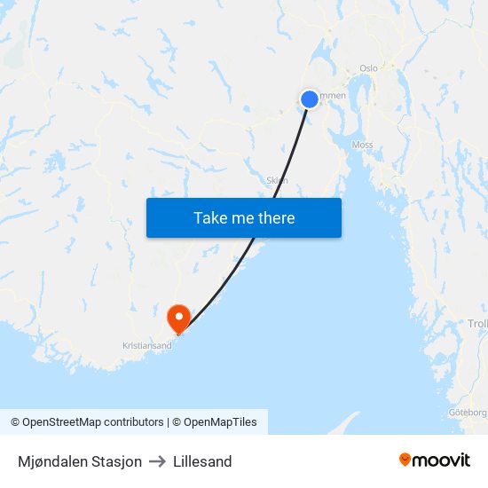 Mjøndalen Stasjon to Lillesand map