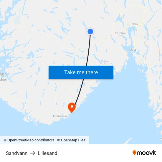 Sandvann to Lillesand map