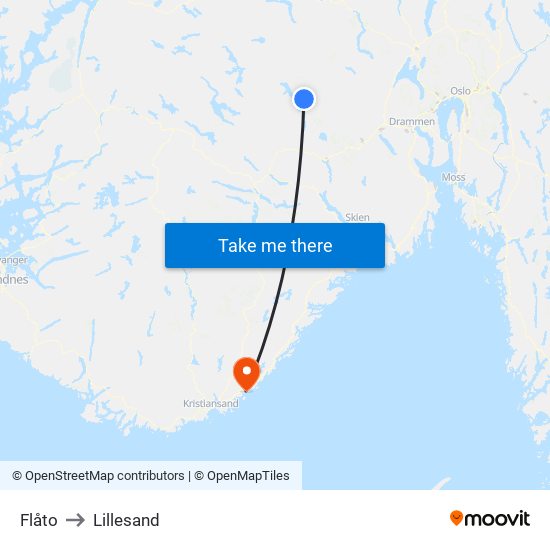 Flåto to Lillesand map