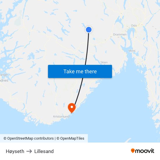 Høyseth to Lillesand map