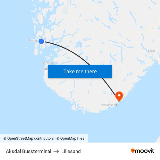 Aksdal Bussterminal to Lillesand map