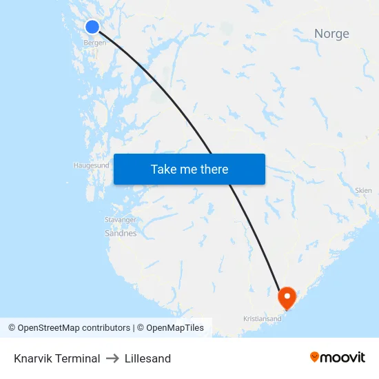 Knarvik Terminal to Lillesand map