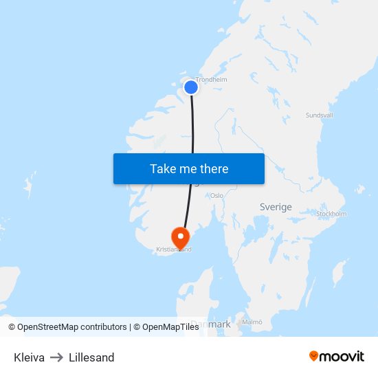Kleiva to Lillesand map
