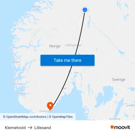 Klemetvold to Lillesand map