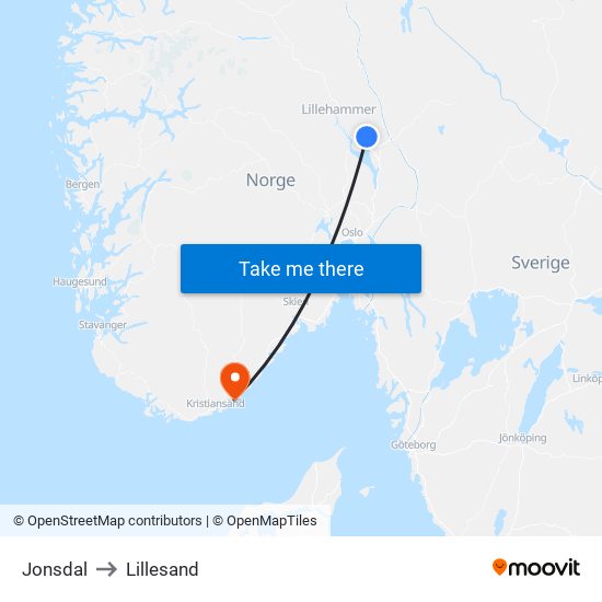 Jonsdal to Lillesand map