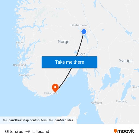 Ottersrud to Lillesand map