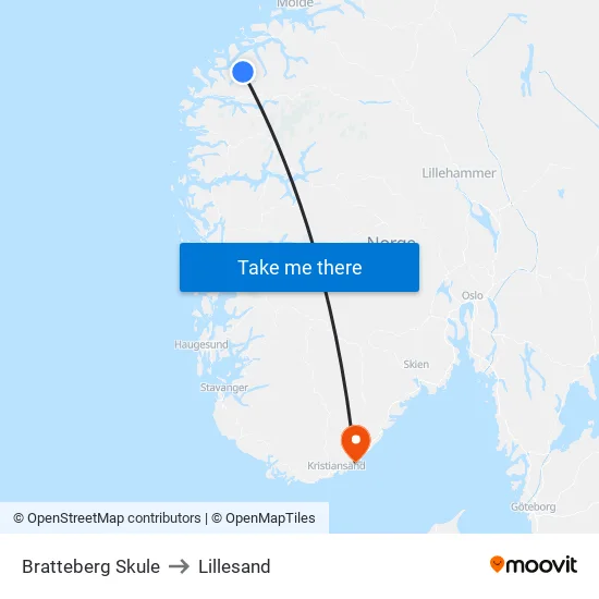 Bratteberg Skule to Lillesand map