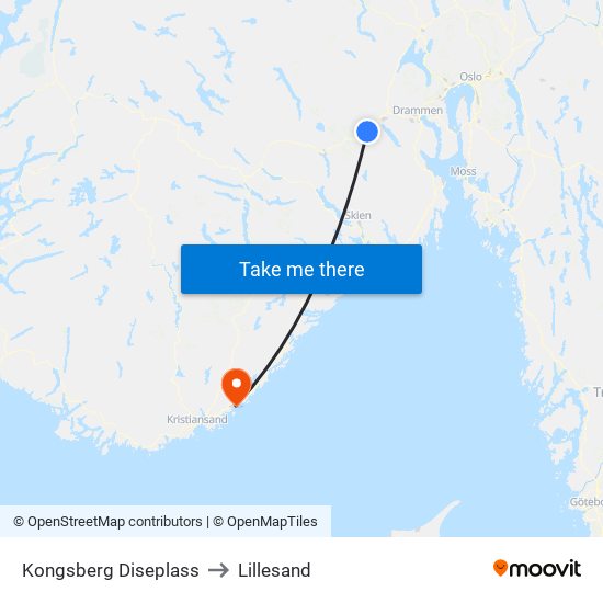 Kongsberg Diseplass to Lillesand map