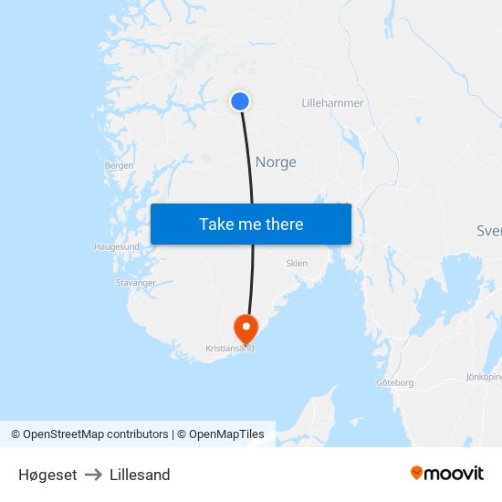 Høgeset to Lillesand map