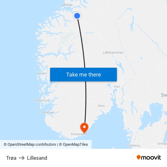 Trøa to Lillesand map