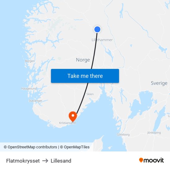 Flatmokrysset to Lillesand map