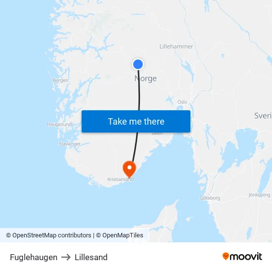 Fuglehaugen to Lillesand map