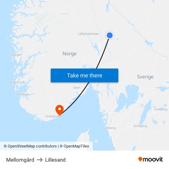 Mellomgård to Lillesand map