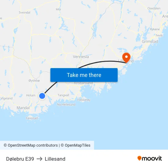 Dølebru E39 to Lillesand map