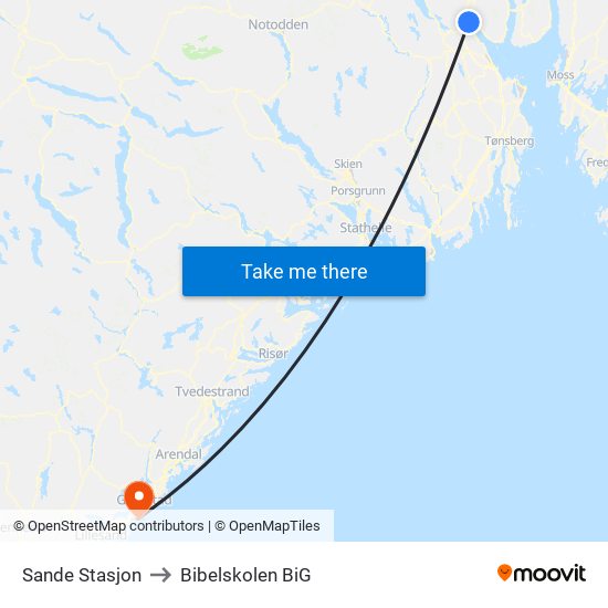 Sande Stasjon to Bibelskolen BiG map