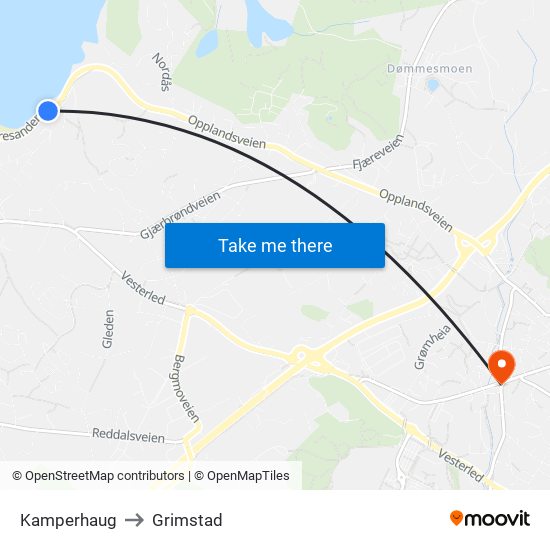 Kamperhaug to Grimstad map