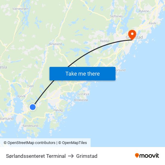 Sørlandssenteret Terminal to Grimstad map