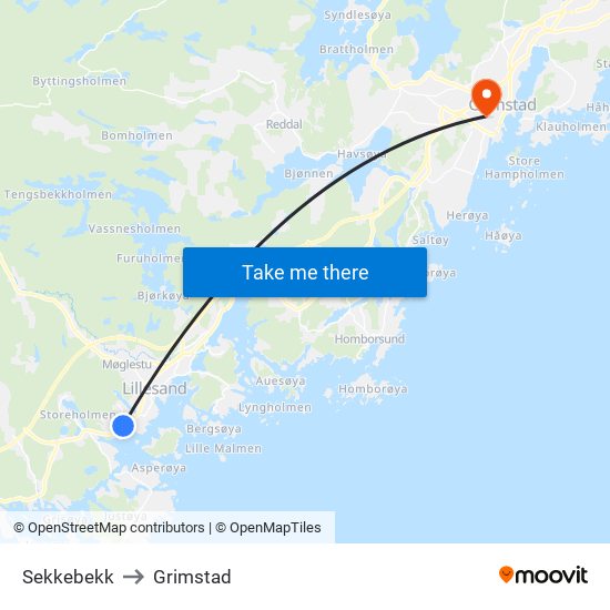 Sekkebekk to Grimstad map