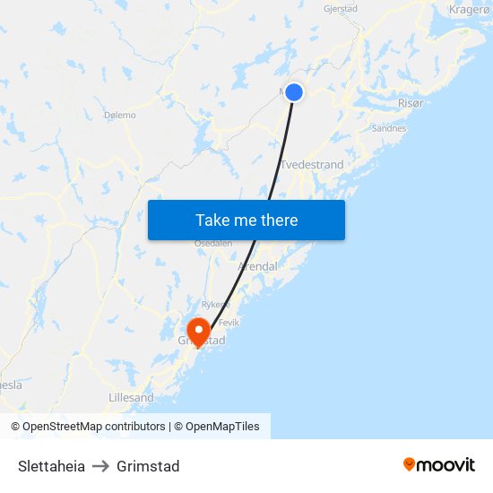Slettaheia to Grimstad map