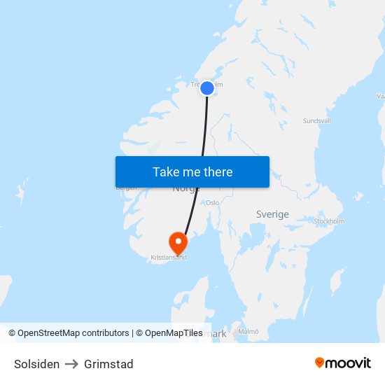 Solsiden to Grimstad map