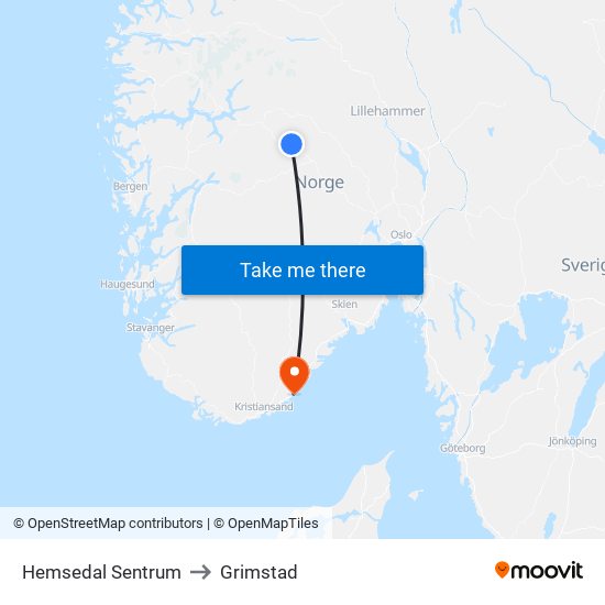 Hemsedal Sentrum to Grimstad map