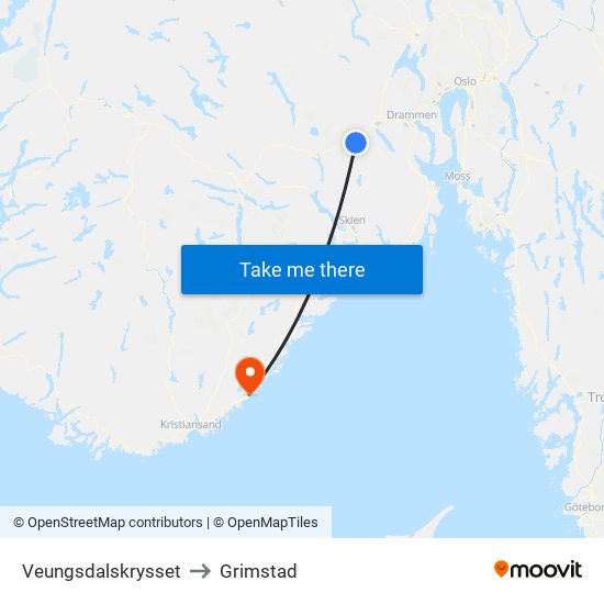 Veungsdalskrysset to Grimstad map