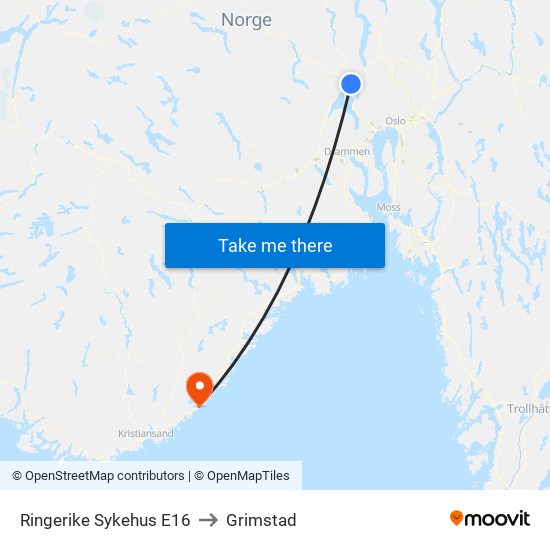 Ringerike Sykehus E16 to Grimstad map