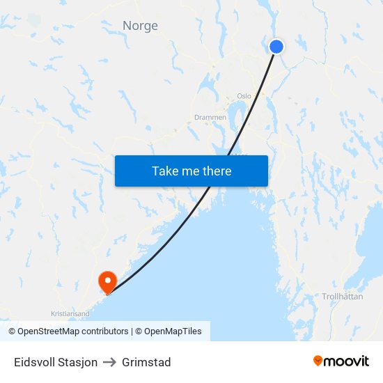 Eidsvoll Stasjon to Grimstad map