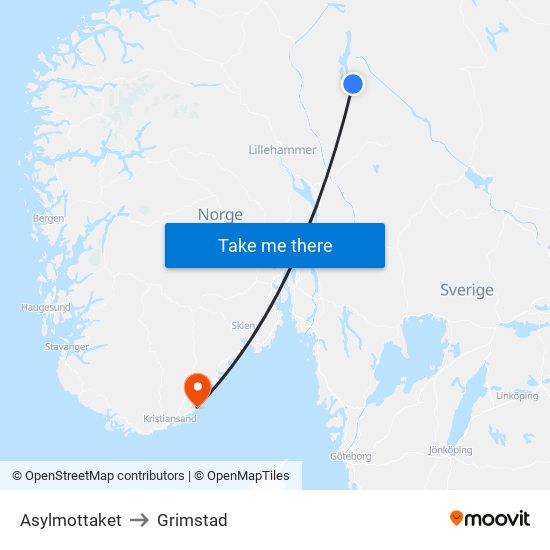 Asylmottaket to Grimstad map