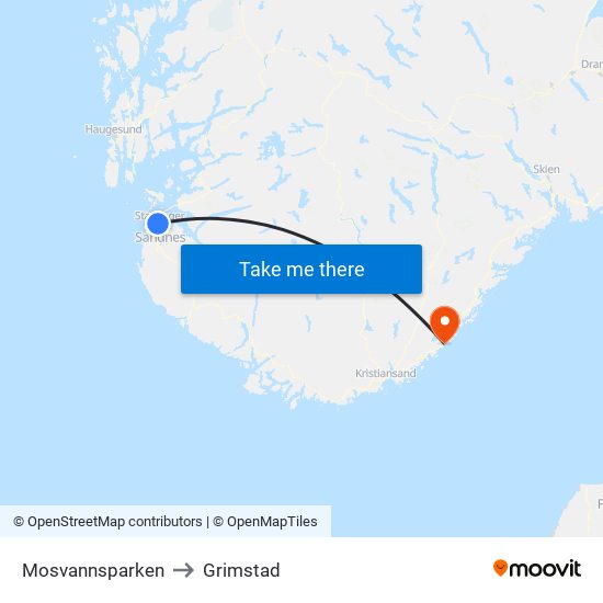 Mosvannsparken to Grimstad map